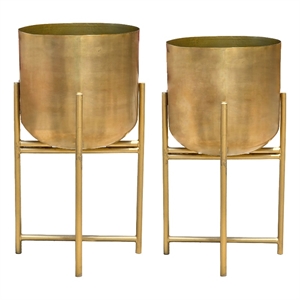 Aira Set of 2 Planters - 19- 22&quot Tall - Foldable Metal Stand - Brass Finish