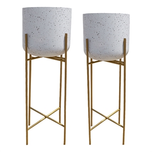 Aira Set of 2 Planters - 20- 22&quot Tall - Gold Foldable Metal Stand - White