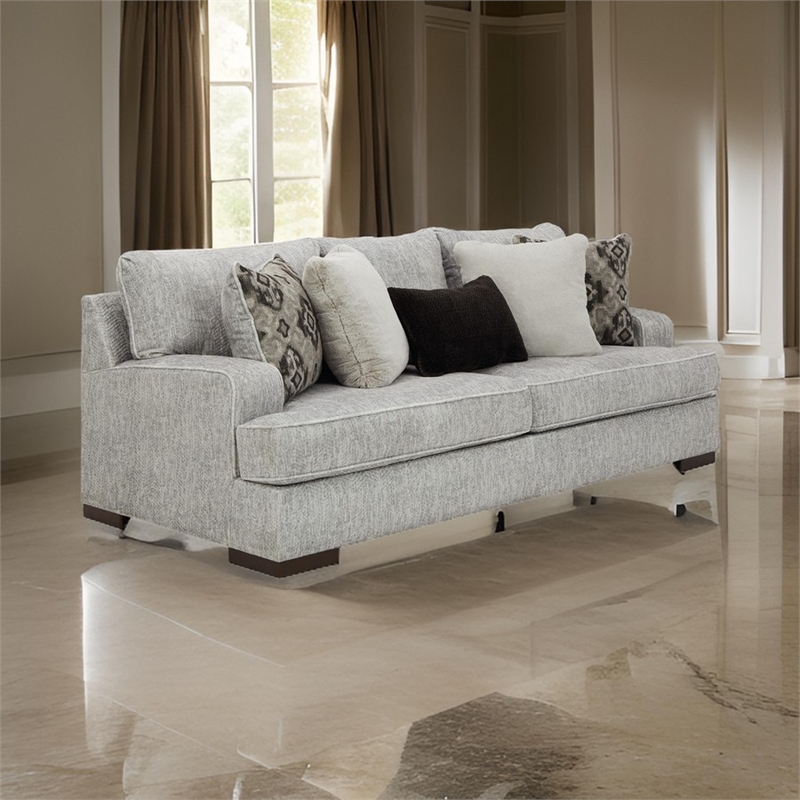 Cado 95 Inch Sofa- 5 Accent Pillows- Reversible Cushion- Gray Polyester