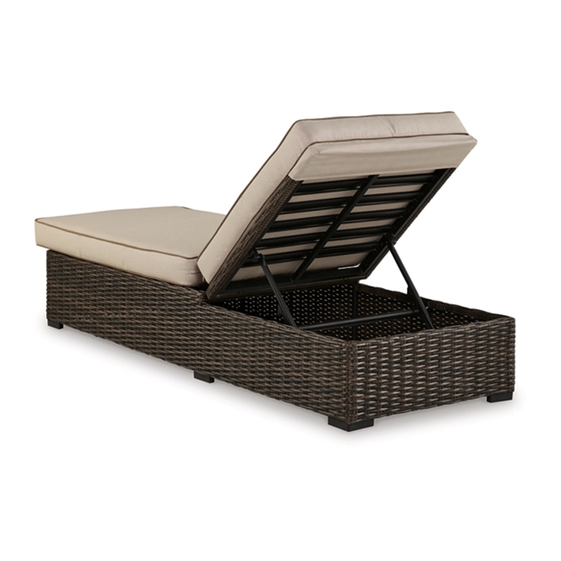 Waga 77 Inch Outdoor Chaise Lounger- Cushioned- Brown Resin Wicker- Beige