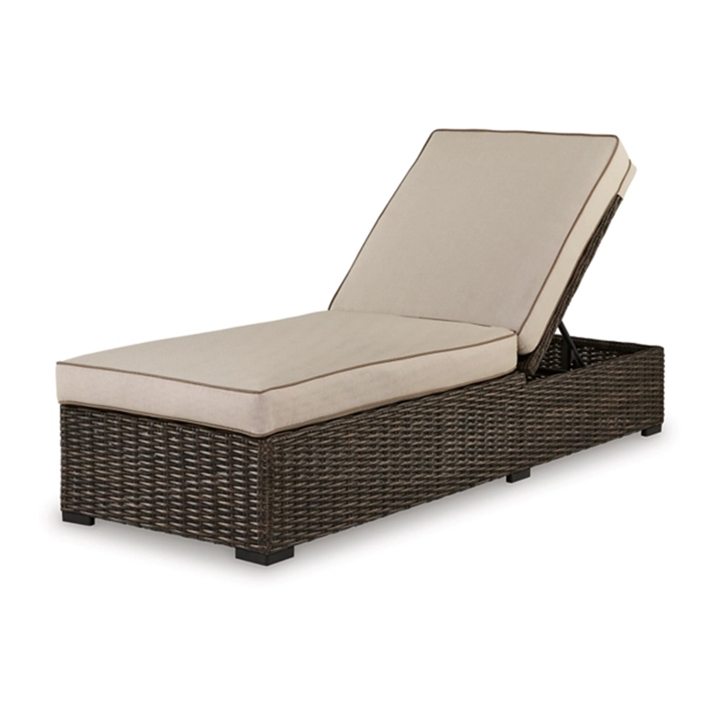 Waga 77 Inch Outdoor Chaise Lounger- Cushioned- Brown Resin Wicker- Beige