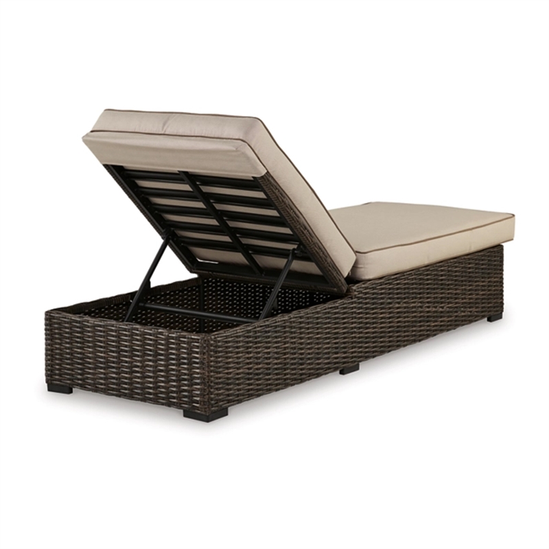 Waga 77 Inch Outdoor Chaise Lounger- Cushioned- Brown Resin Wicker- Beige