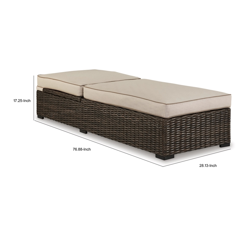 Waga 77 Inch Outdoor Chaise Lounger- Cushioned- Brown Resin Wicker- Beige