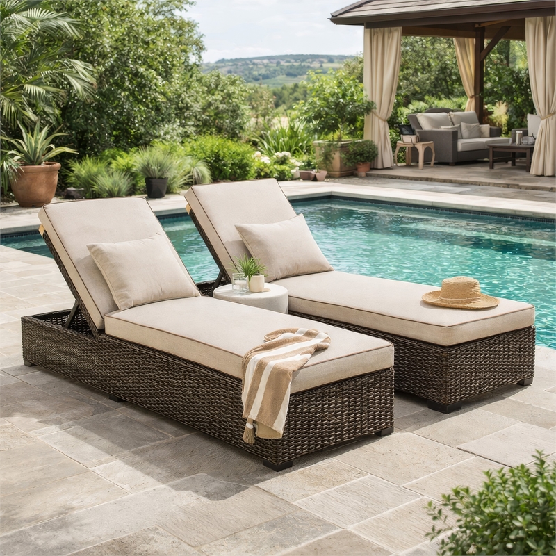 Waga 77 Inch Outdoor Chaise Lounger- Cushioned- Brown Resin Wicker- Beige