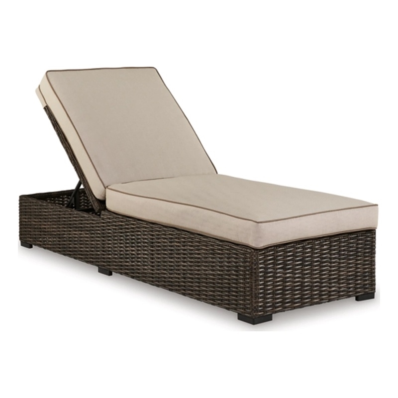 Waga 77 Inch Outdoor Chaise Lounger- Cushioned- Brown Resin Wicker- Beige