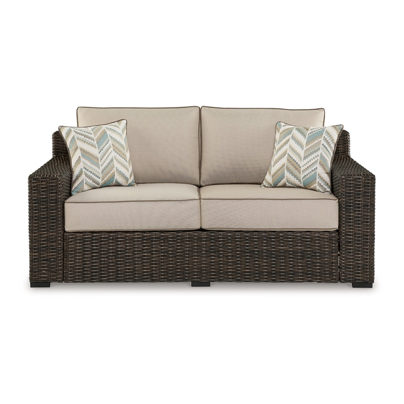 Waga 71 Inch Outdoor Loveseat- 2 Throw Pillows- Brown Resin Wicker- Beige