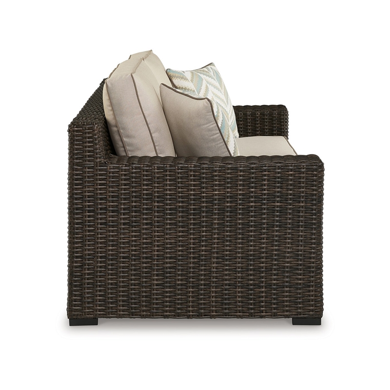 Waga 71 Inch Outdoor Loveseat- 2 Throw Pillows- Brown Resin Wicker- Beige