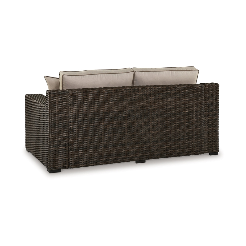 Waga 71 Inch Outdoor Loveseat- 2 Throw Pillows- Brown Resin Wicker- Beige