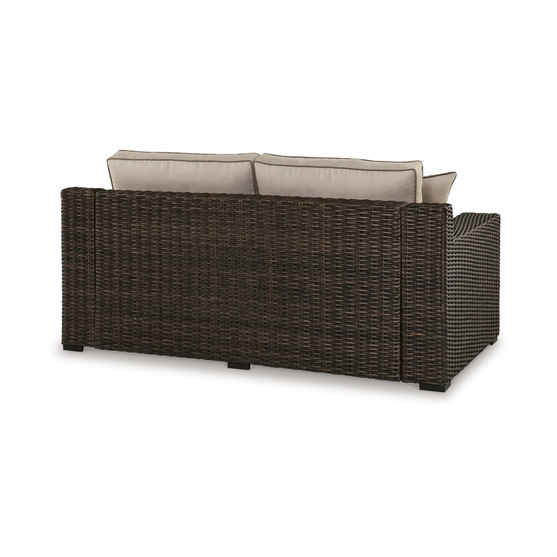 Waga 71 Inch Outdoor Loveseat- 2 Throw Pillows- Brown Resin Wicker- Beige