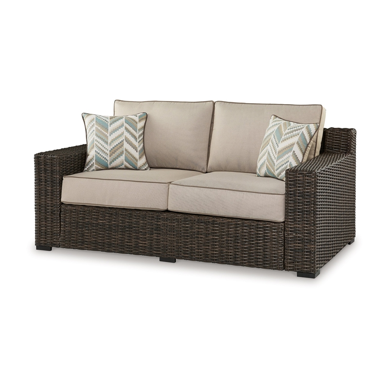 Waga 71 Inch Outdoor Loveseat- 2 Throw Pillows- Brown Resin Wicker- Beige
