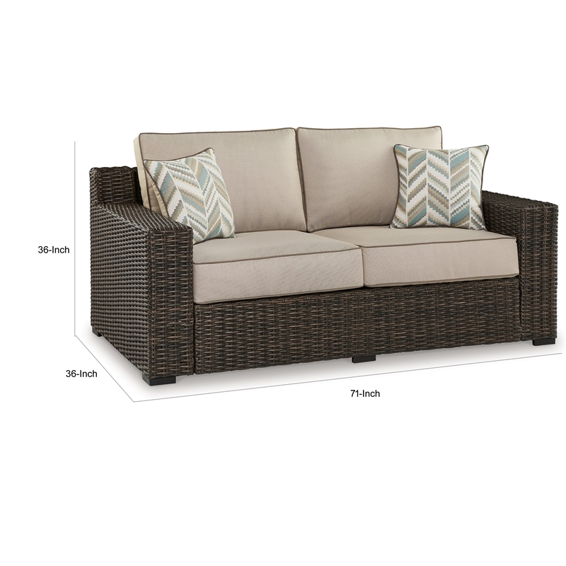 Waga 71 Inch Outdoor Loveseat- 2 Throw Pillows- Brown Resin Wicker- Beige