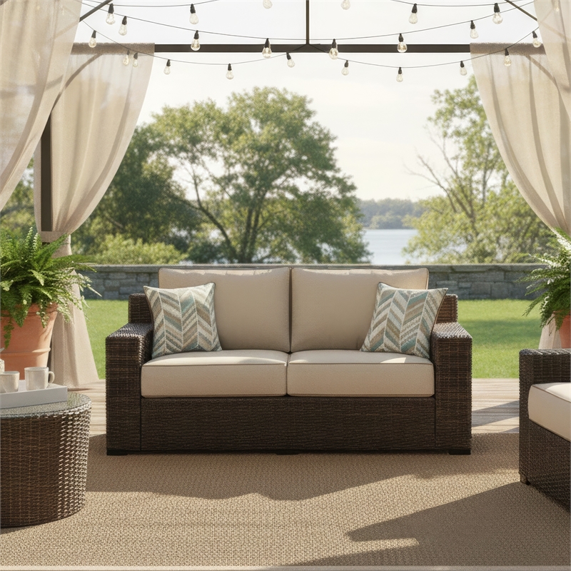 Waga 71 Inch Outdoor Loveseat- 2 Throw Pillows- Brown Resin Wicker- Beige