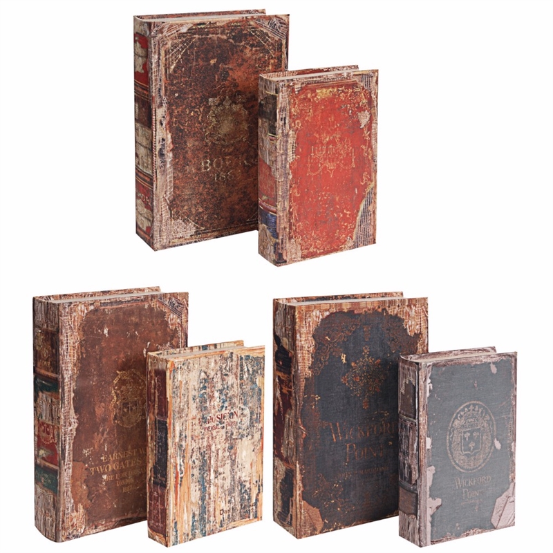 Set of 6 Antique Distressed Book Boxes- Multicolor- 3 Assortment
