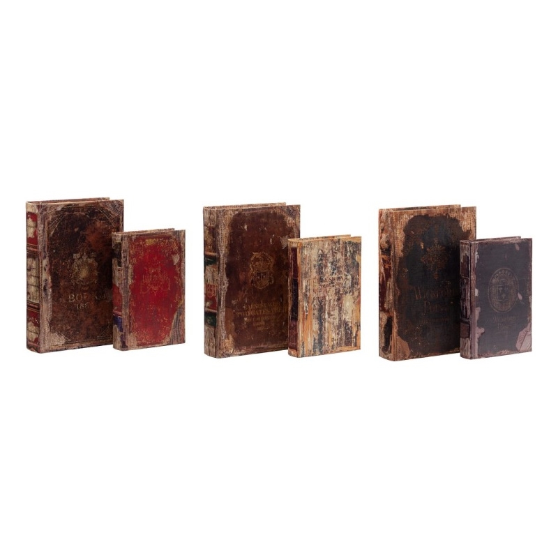Set of 6 Antique Distressed Book Boxes- Multicolor- 3 Assortment