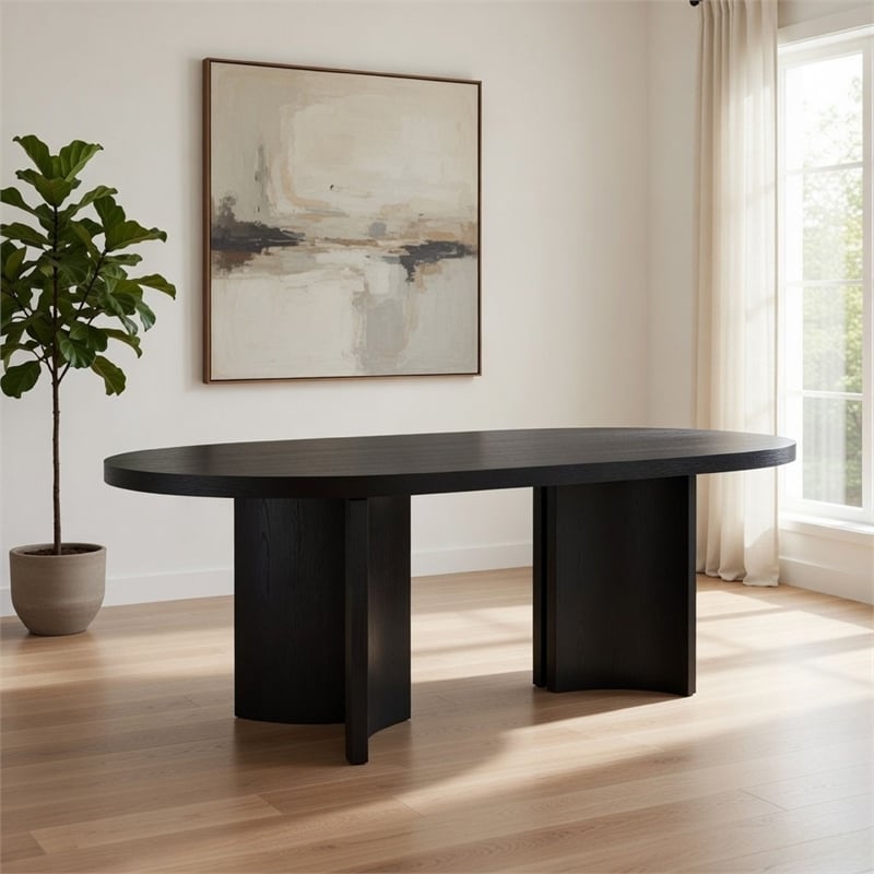 86 Inch Dining Table- Oval Top- Pedestal Base- Curved- Black Finish