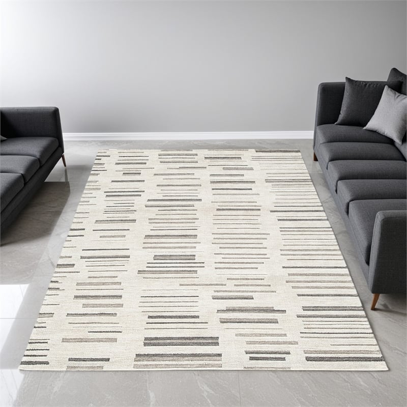 Meaw 5 x 7 Medium Area Rug- Abstract Stripe Design- Ivory Gray Polyester