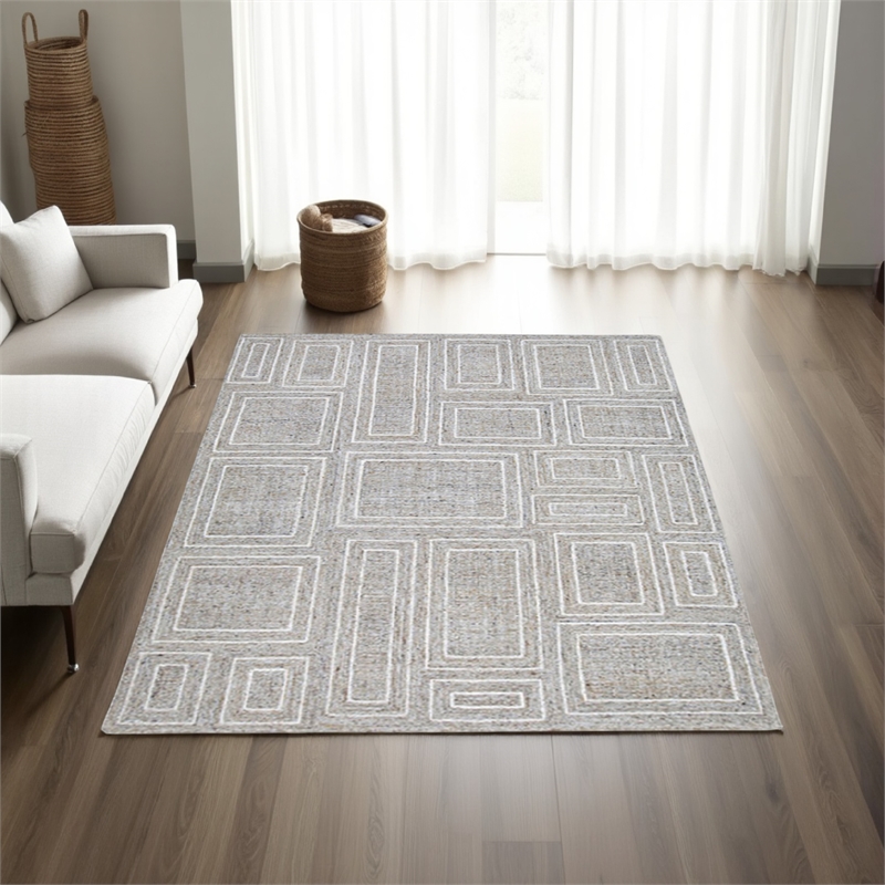 Bora 5 x 7 Area Rug- Geometric Pattern- Polyester Gray White Wool- Cotton