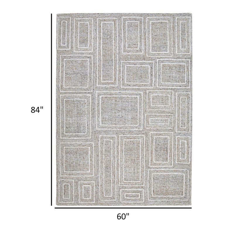 Bora 5 x 7 Area Rug- Geometric Pattern- Polyester Gray White Wool- Cotton