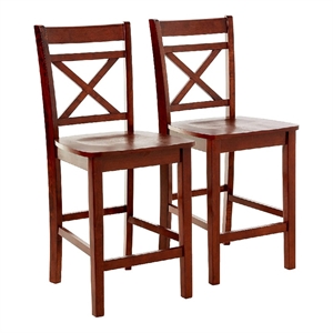 Wooden Counter Height Chair with Cross Back- Set of 2- Cherry Brown