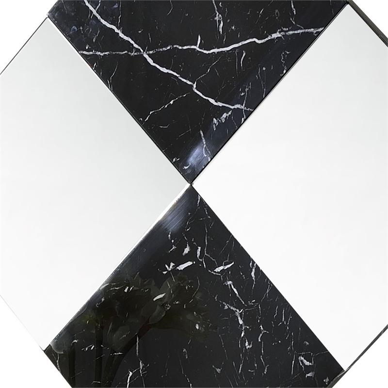 Contemporary Square Accent Wall Mirror with Faux Marble- Silver and Black