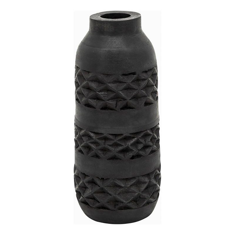 Yuka 12 Inch Vase- Bottle Shape- Embossed Diamond Patterns- Stained Black