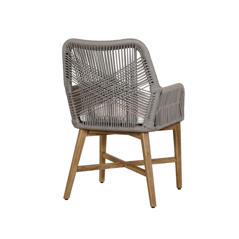 Navi 25 Inch Outdoor Dining Chair- Woven Rope- Ash Gray- Brown Teak Wood