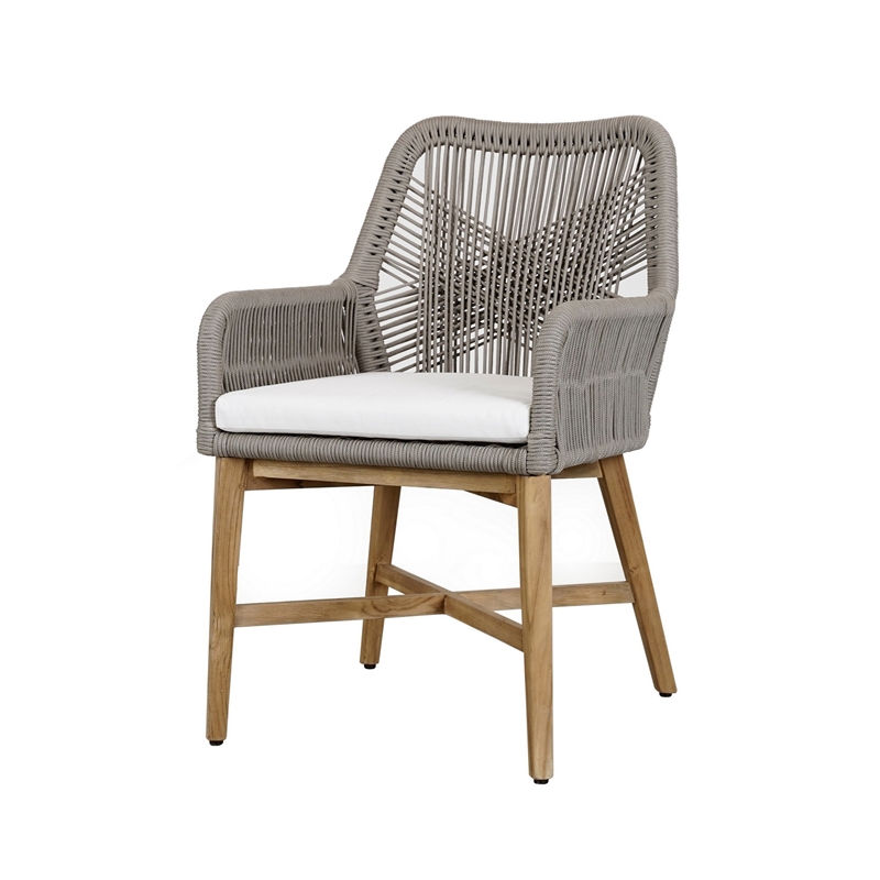 Navi 25 Inch Outdoor Dining Chair- Woven Rope- Ash Gray- Brown Teak Wood