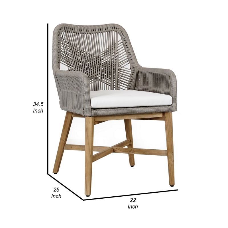 Navi 25 Inch Outdoor Dining Chair- Woven Rope- Ash Gray- Brown Teak Wood
