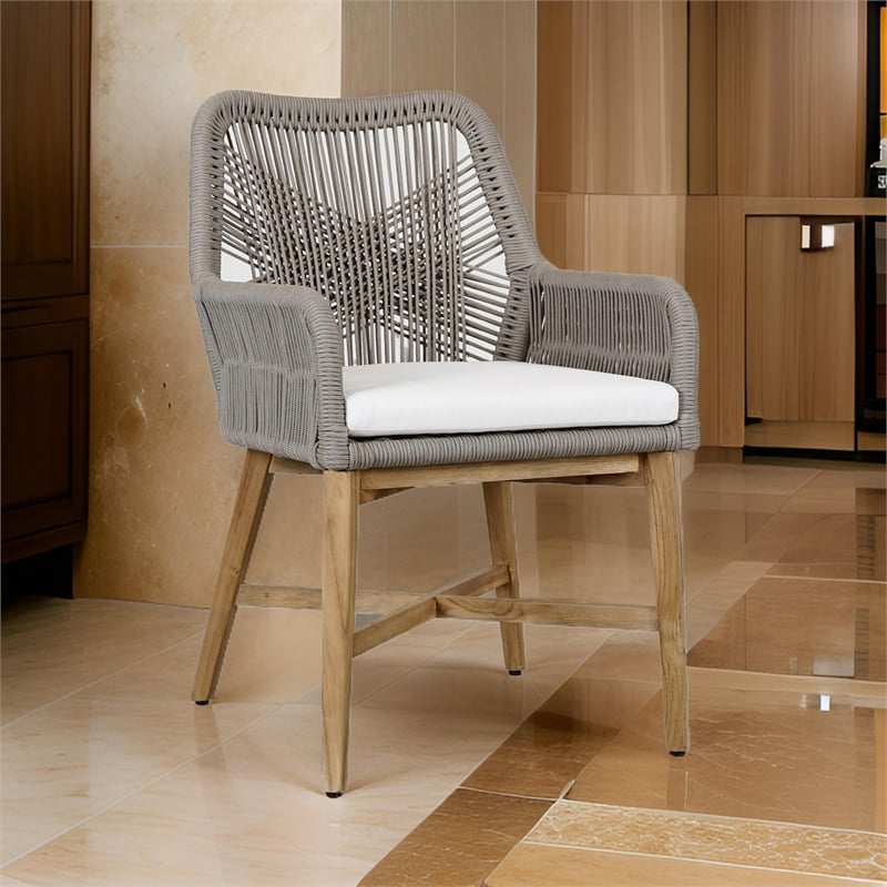 Navi 25 Inch Outdoor Dining Chair- Woven Rope- Ash Gray- Brown Teak Wood