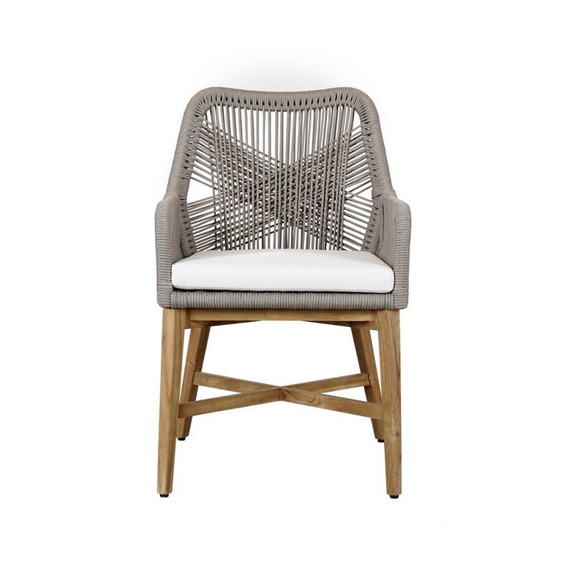 Navi 25 Inch Outdoor Dining Chair- Woven Rope- Ash Gray- Brown Teak Wood