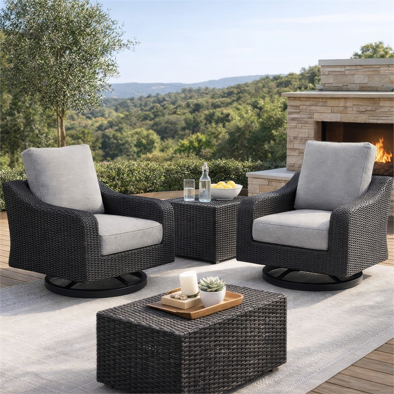 Tira 38 Inch Outdoor Swivel Lounge Chair- Cushioned- Resin- Black- Gray