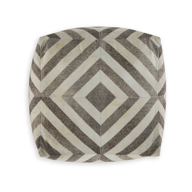 Ottoman Pouf- 18 Inch- Square- Brown and Ivory Polyester Geometric Design