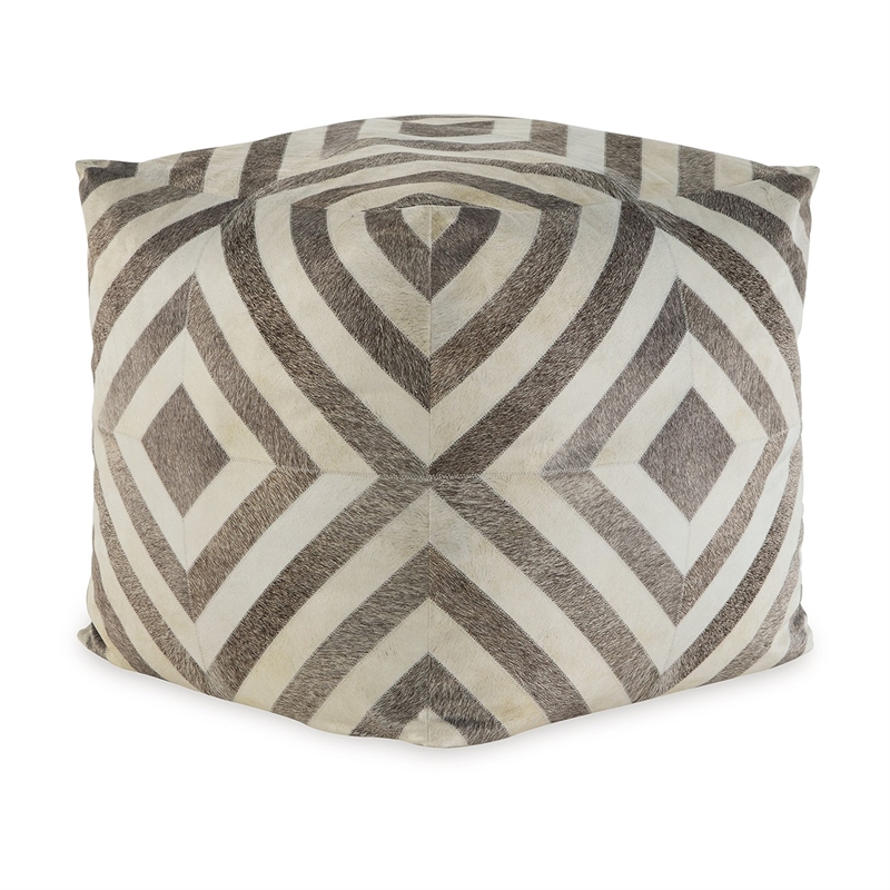 Ottoman Pouf- 18 Inch- Square- Brown and Ivory Polyester Geometric Design