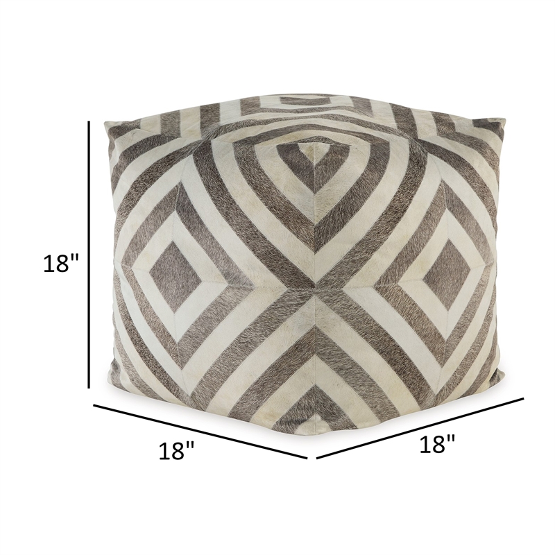 Ottoman Pouf- 18 Inch- Square- Brown and Ivory Polyester Geometric Design