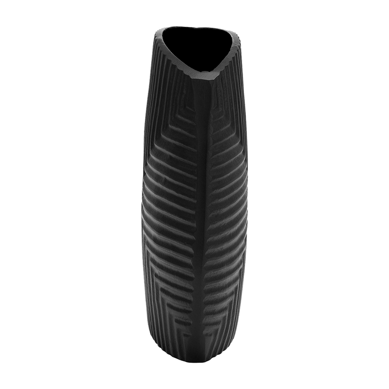 Ako 10 Inch Vase- Metal Ribbed Body Design- Curved Top- Matte Black Finish