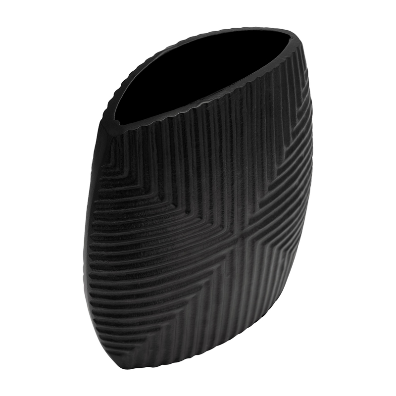 Ako 10 Inch Vase- Metal Ribbed Body Design- Curved Top- Matte Black Finish