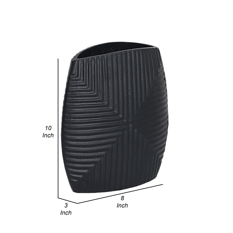 Ako 10 Inch Vase- Metal Ribbed Body Design- Curved Top- Matte Black Finish