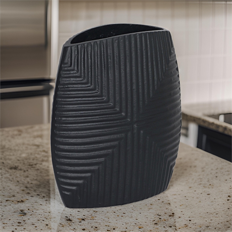 Ako 10 Inch Vase- Metal Ribbed Body Design- Curved Top- Matte Black Finish
