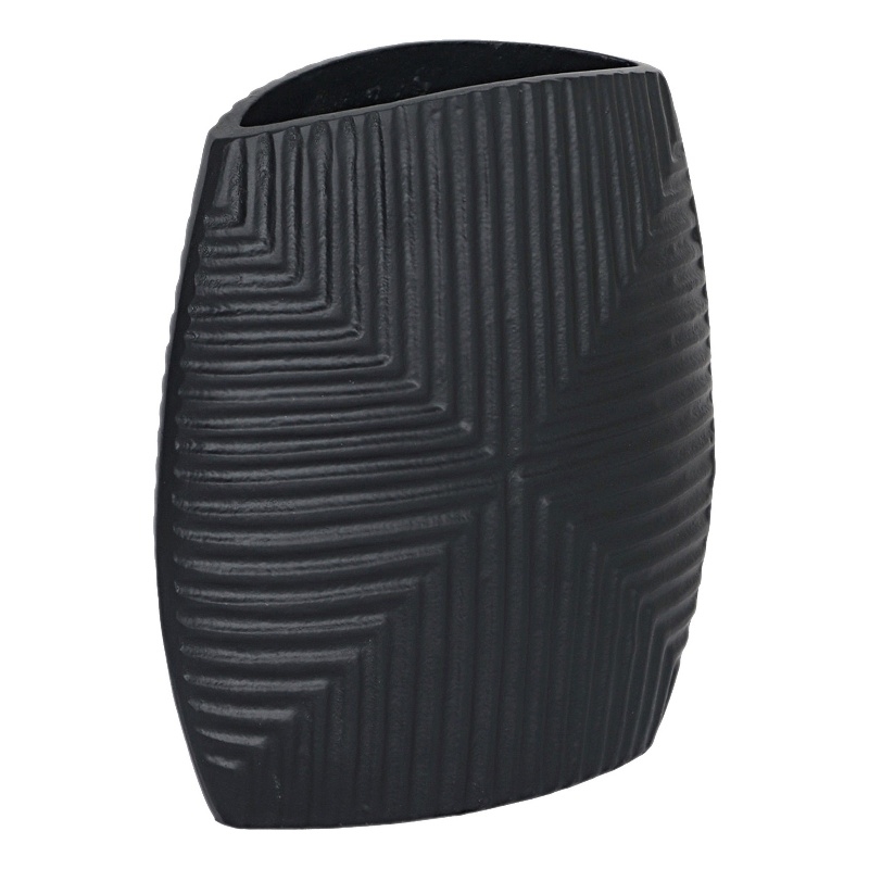 Ako 10 Inch Vase- Metal Ribbed Body Design- Curved Top- Matte Black Finish
