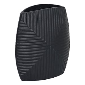 Ako 10 Inch Vase- Metal Ribbed Body Design- Curved Top- Matte Black Finish