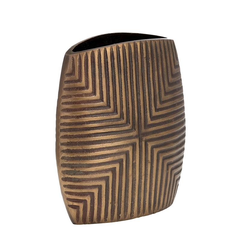 Ako 10 Inch Vase- Modern- Ribbed Body Design- Curved Top- Antique Brass
