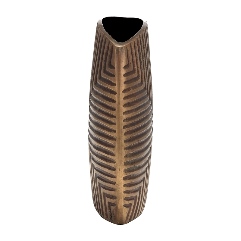 Ako 10 Inch Vase- Modern- Ribbed Body Design- Curved Top- Antique Brass