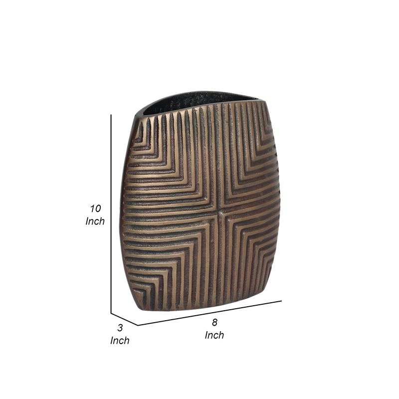 Ako 10 Inch Vase- Modern- Ribbed Body Design- Curved Top- Antique Brass