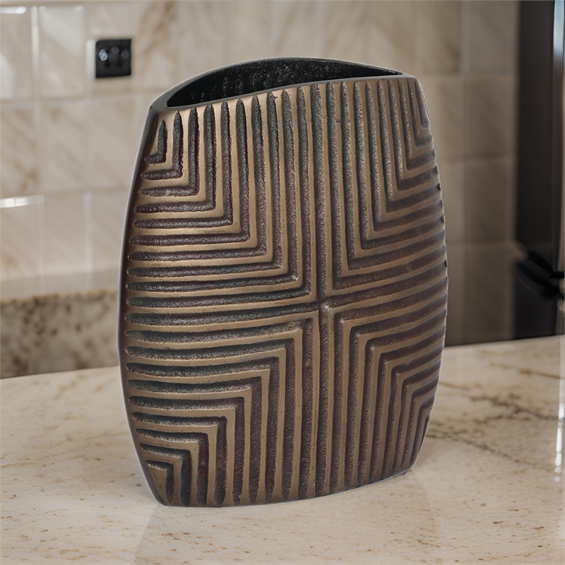 Ako 10 Inch Vase- Modern- Ribbed Body Design- Curved Top- Antique Brass
