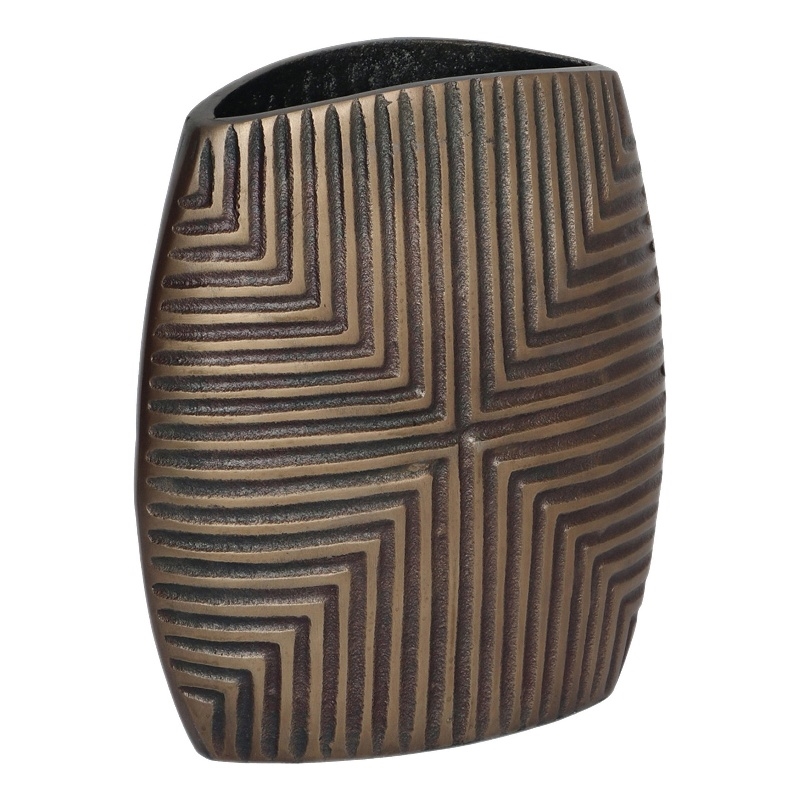 Ako 10 Inch Vase- Modern- Ribbed Body Design- Curved Top- Antique Brass