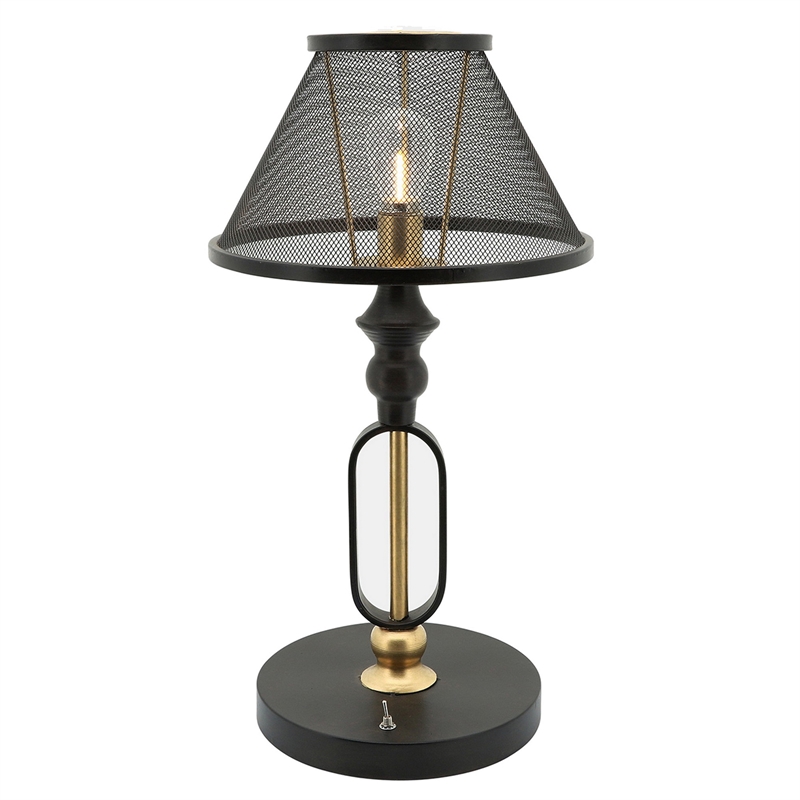 19 Inch Table Lamp- Round Metal Mesh Shade- Hollow Body- Black- Gold Stand