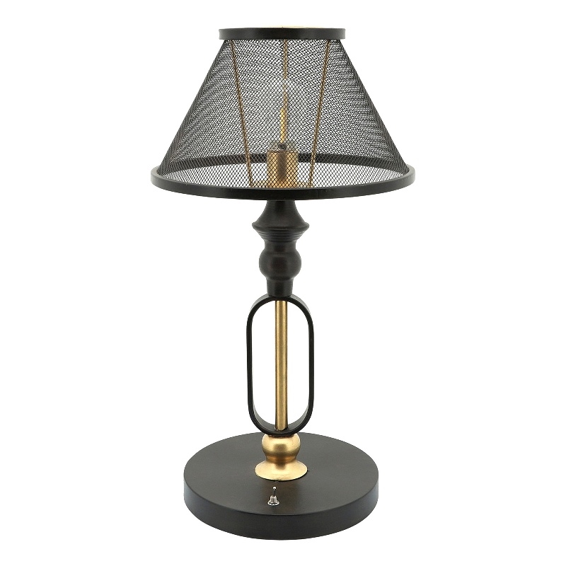 19 Inch Table Lamp- Round Metal Mesh Shade- Hollow Body- Black- Gold Stand
