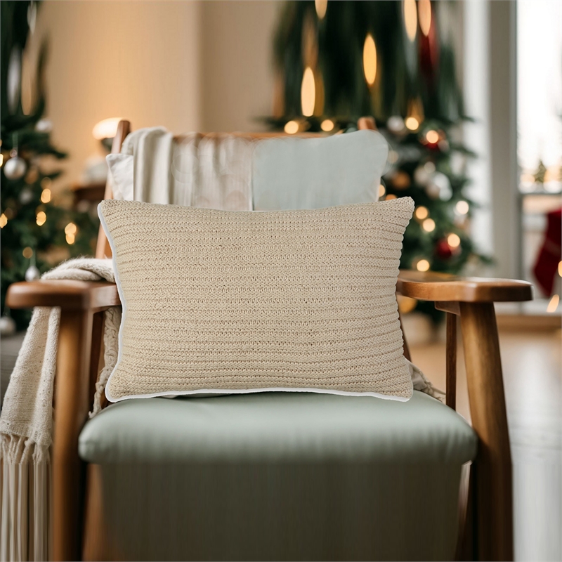 Lumbar Throw Pillow Set of 4- 14 x 22- Polyfill Textured Light Brown Cotton