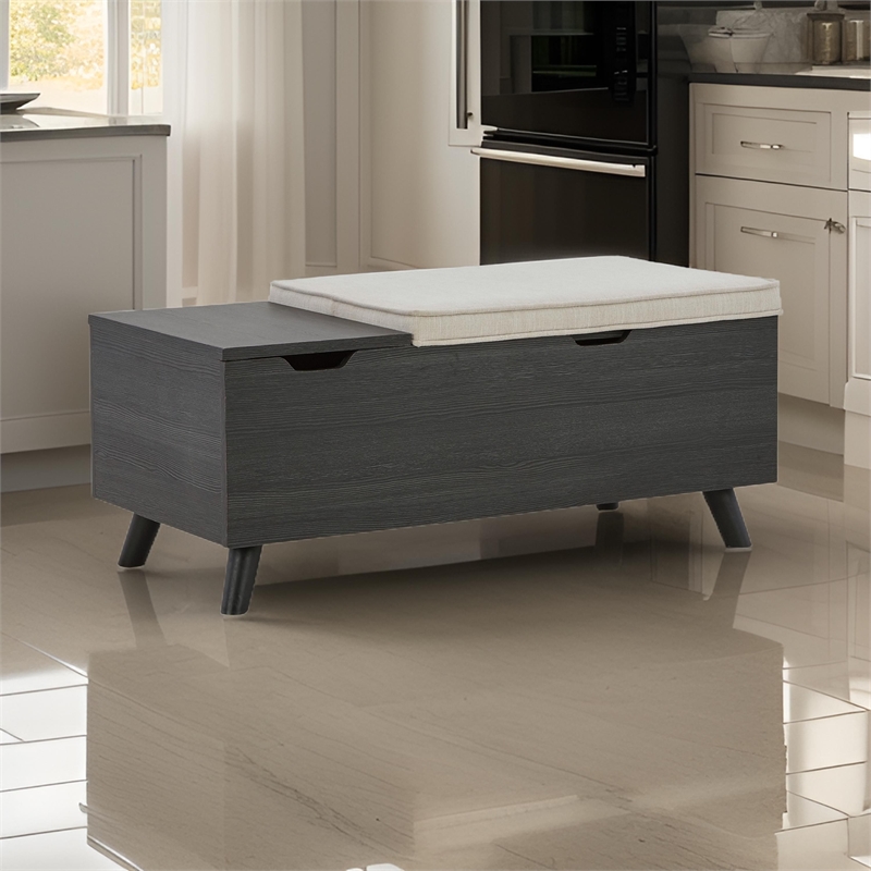 Yasmin Storage Bench- Black Gray Wood- Beige Polyester- Foam- 39 Inch