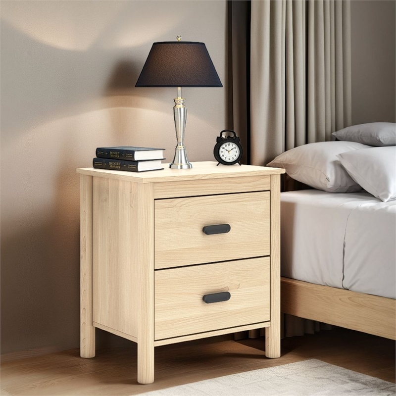 Abis Nightstand- 2 Drawers- Natural Brown Wood- Black Handles- 24 Inch